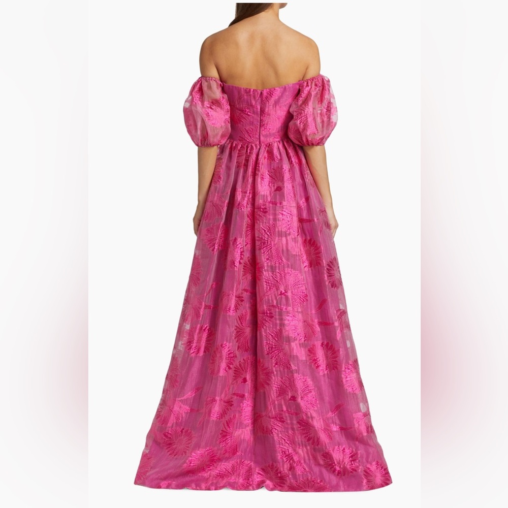 ML Monique Lhuillier Organza Jacquard Off-Shoulder Gown Floral Pink Maxi Dress - Picture 5 of 16